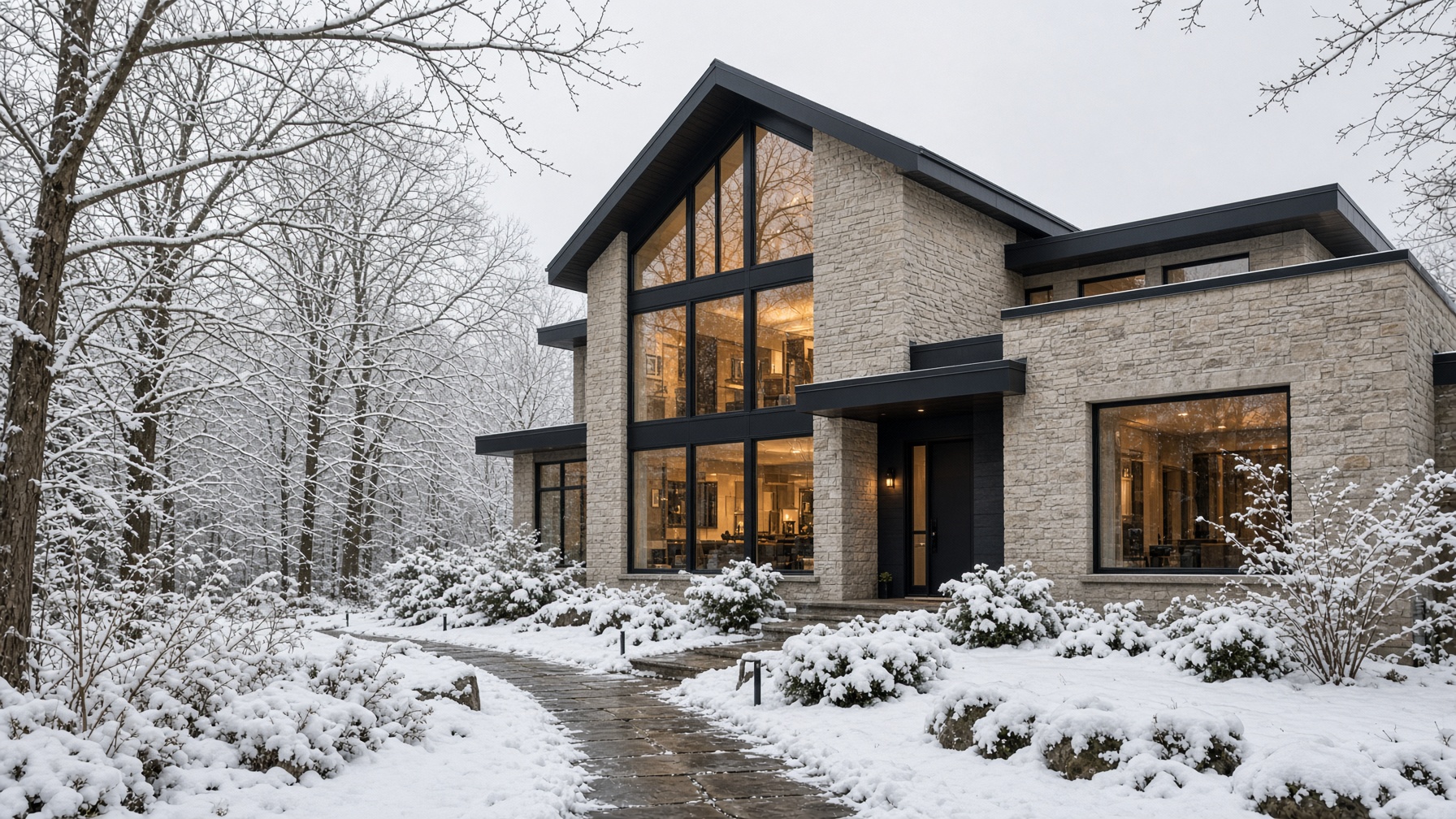 Limestone house in snow at Arbourbrook
